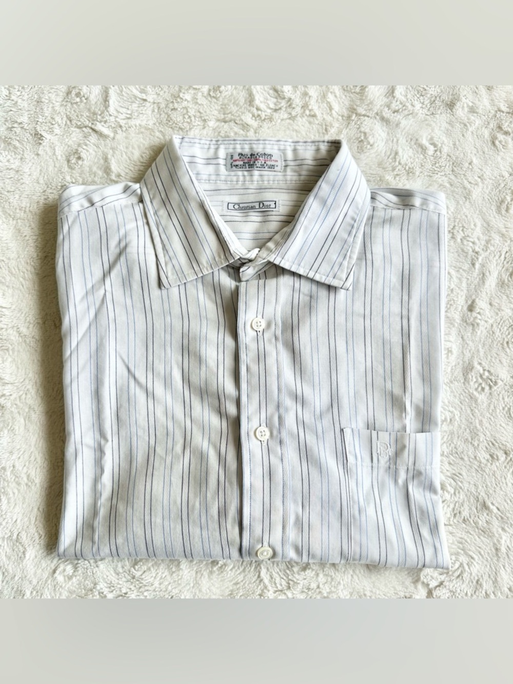 Vintage Christian Dior Dress Shirt Mens Large Striped Logo Button Up Pocket 90s